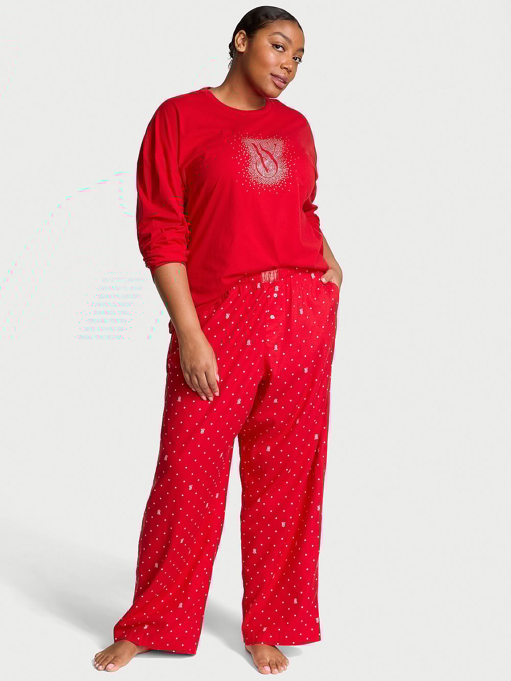 Flannel Long-Sleeve Tee-Jama Set | Lipstick Logo Dots