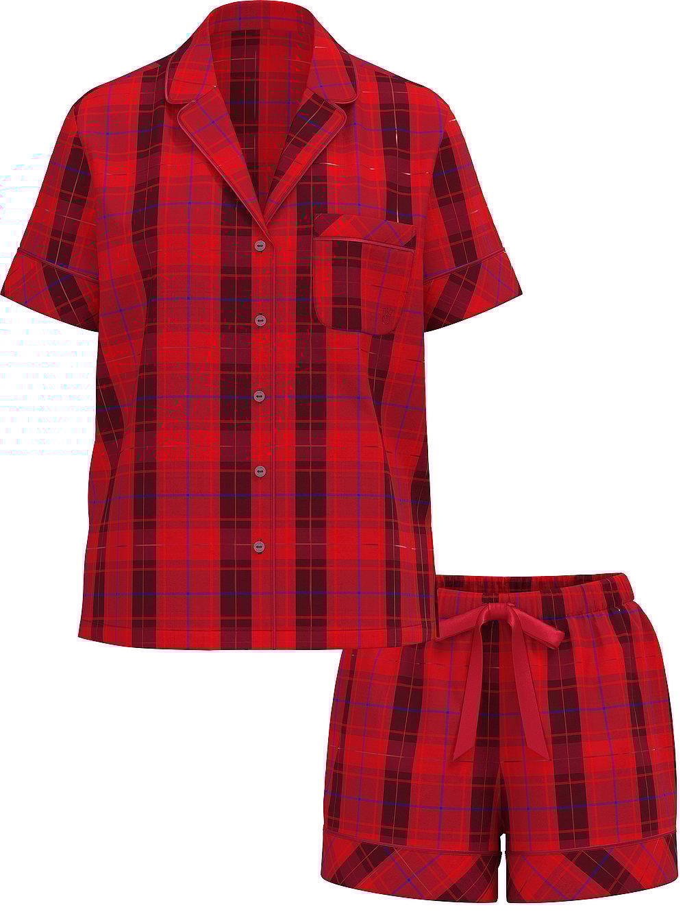 Flannel Short Pajama Set - Red Laquer Plaid