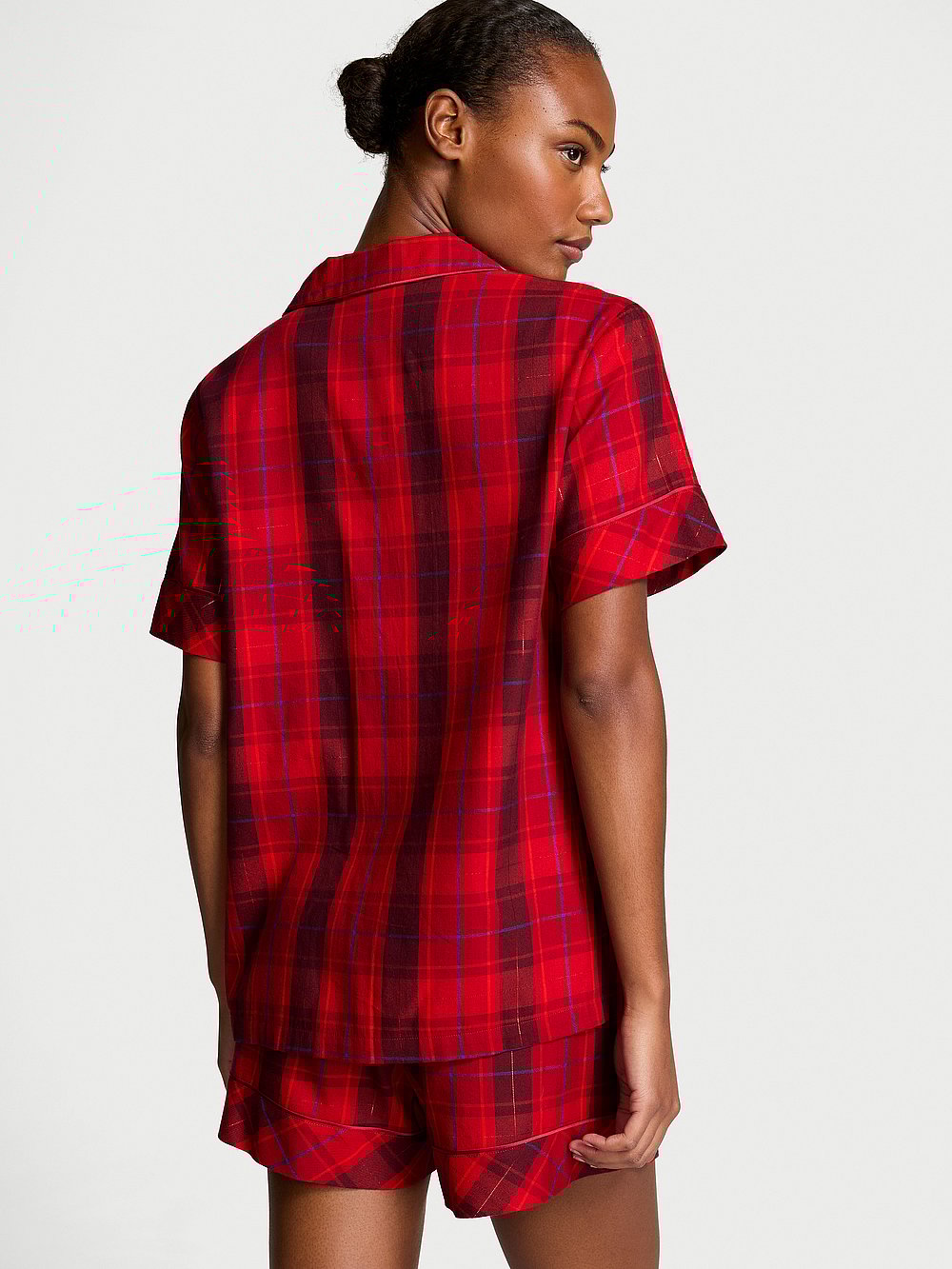 Flannel Short Pajama Set - Red Laquer Plaid