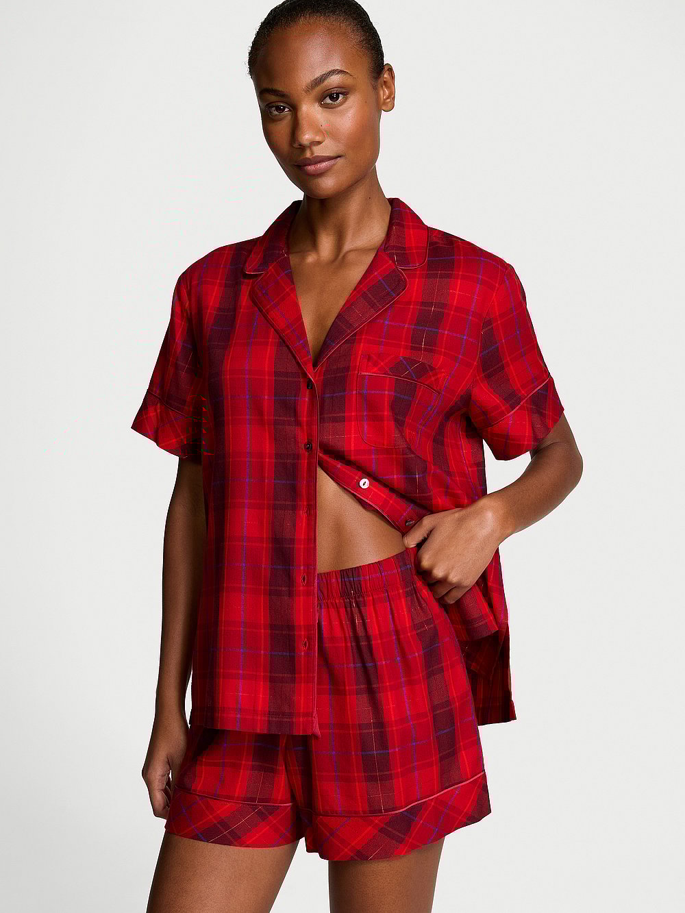Flannel Short Pajama Set - Red Laquer Plaid