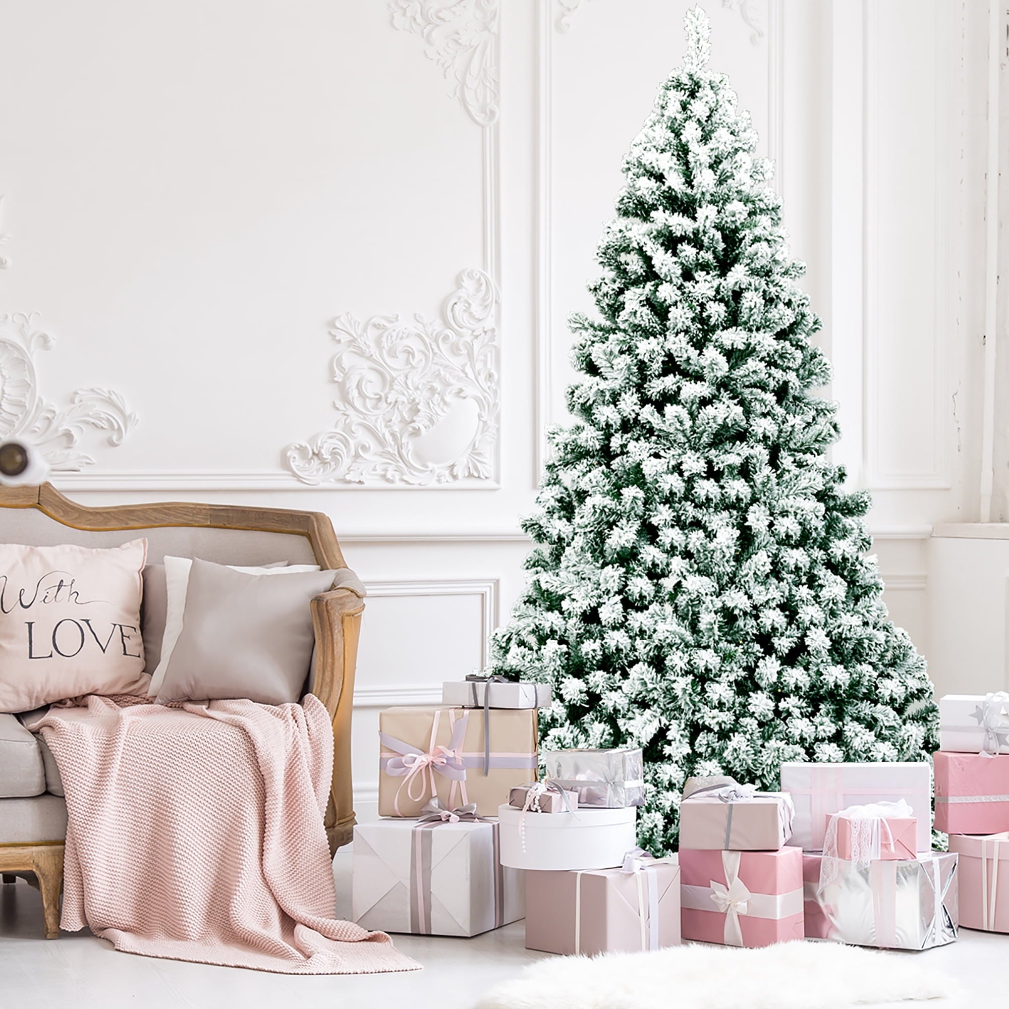 Árbol de Navidad Artificial Decorado con Nieve y Bisagras Preiluminado con 550 Luces de Primera Calidad