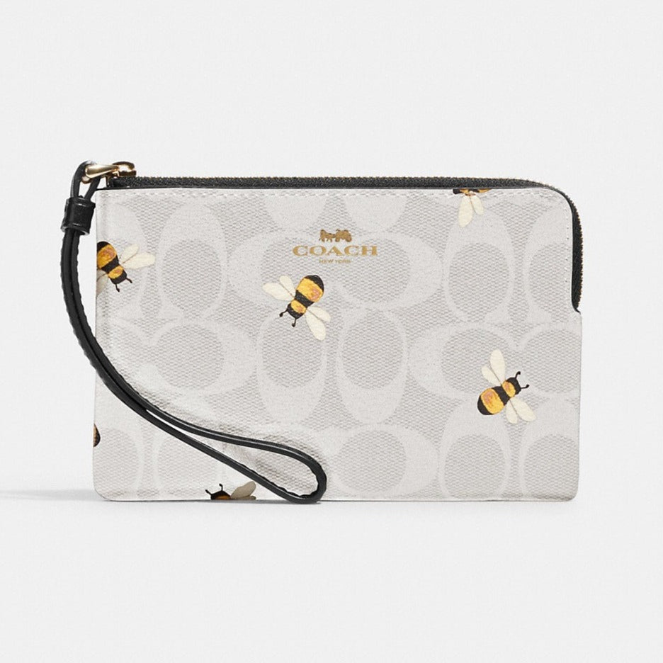 Coach - Corner Zip Wristlet In Signature Canvas With Bee Print | Cartera