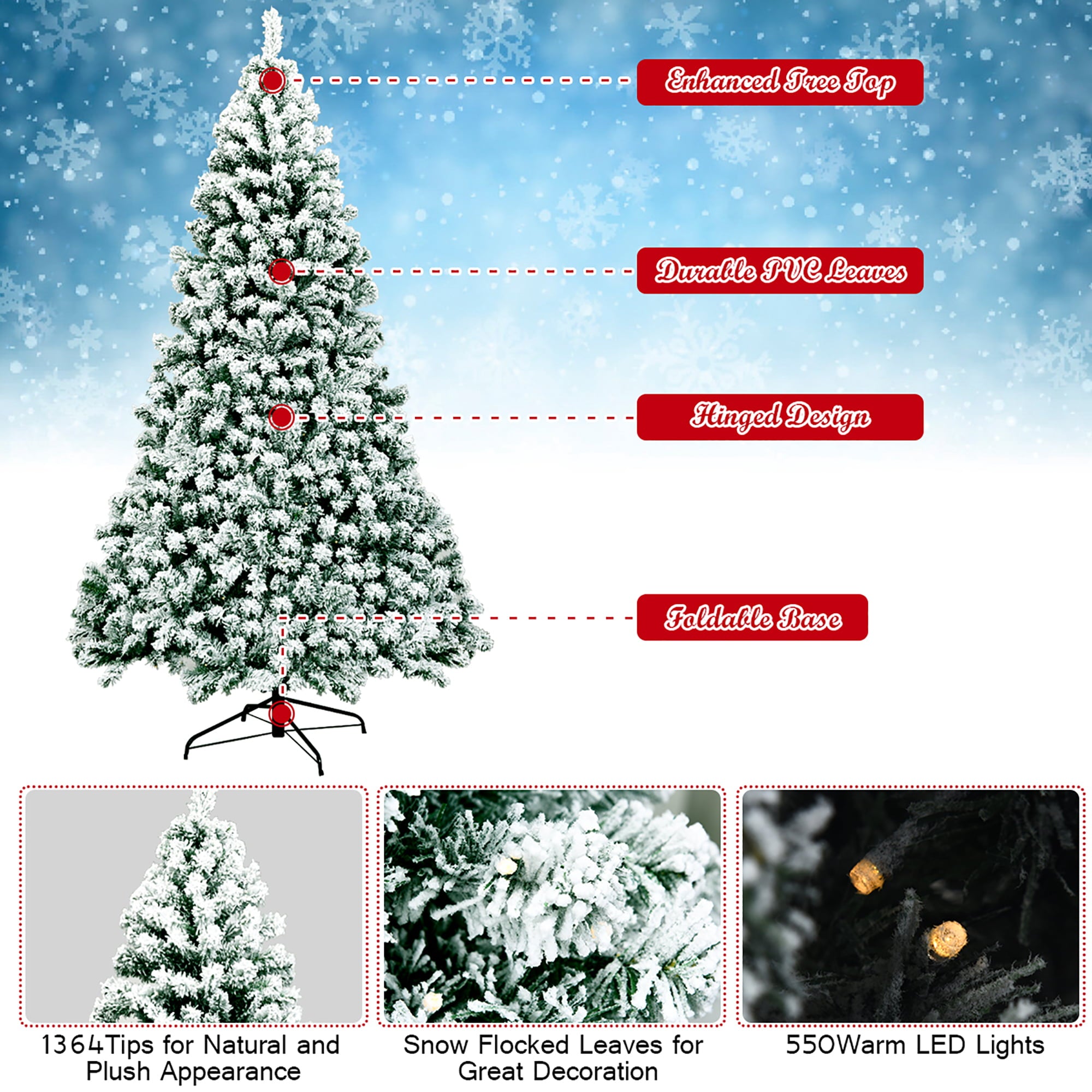 Árbol de Navidad Artificial Decorado con Nieve y Bisagras Preiluminado con 550 Luces de Primera Calidad