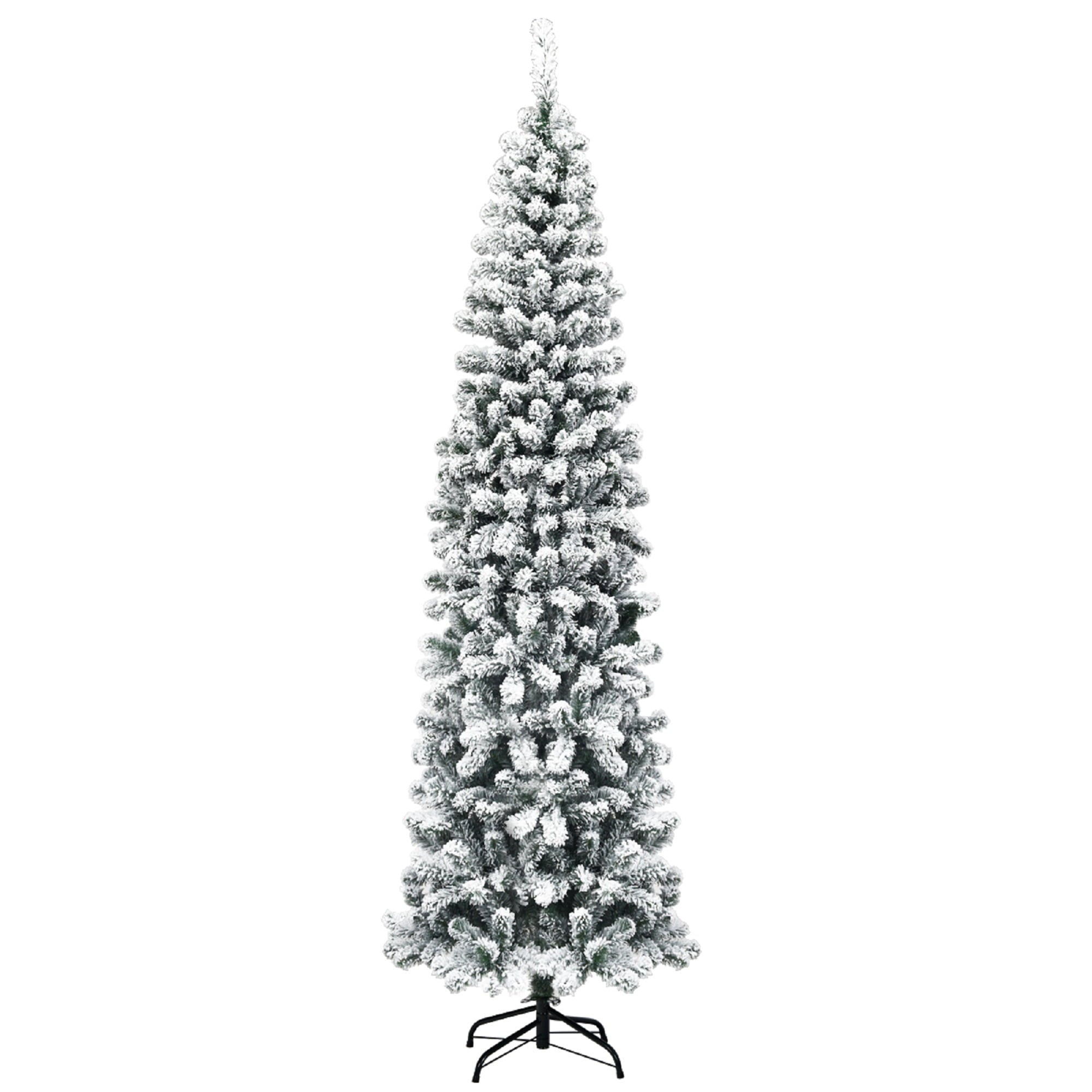 Árbol de Navidad Artificial Delgado de 7.5" pies (2.28 metros) Decorado con Nieve y Bisagras sin Iluminación