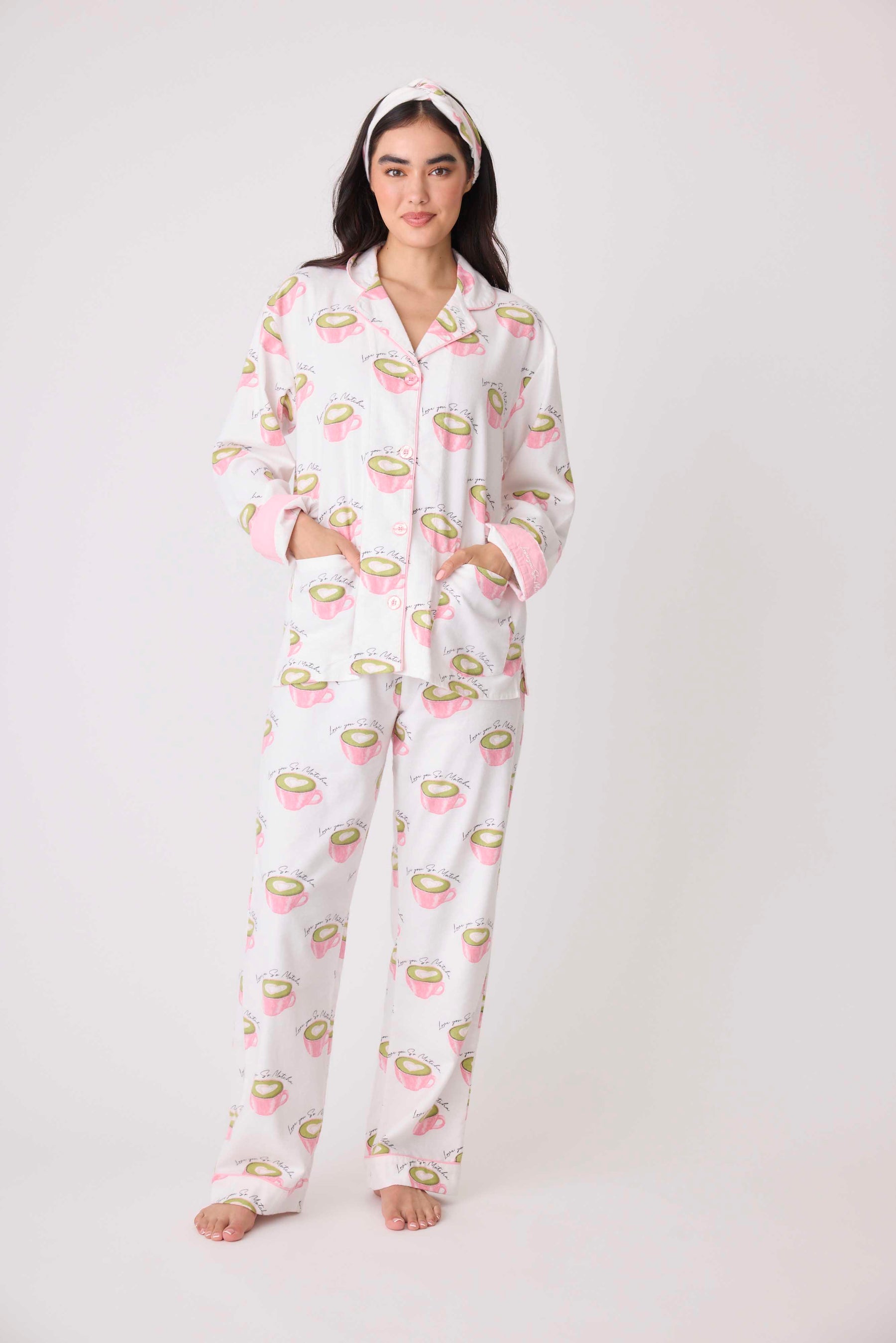 Love 'U' So Matcha Cozy Flannel PJ Set - White Linen