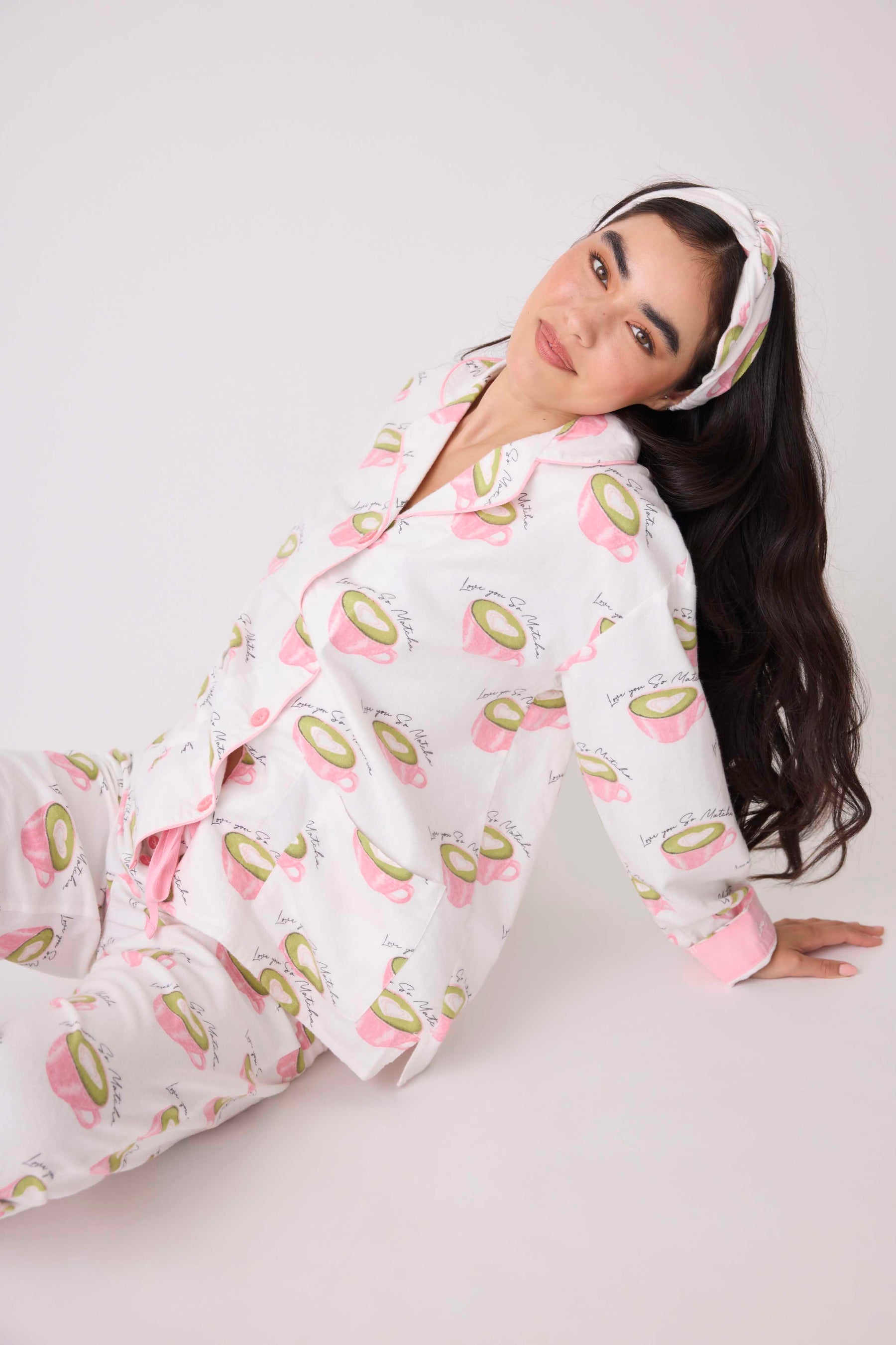 Love 'U' So Matcha Cozy Flannel PJ Set - White Linen