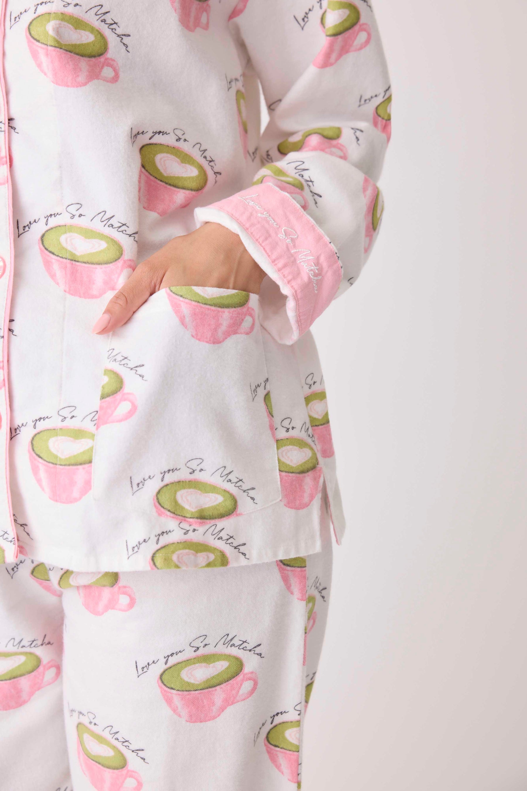 Love 'U' So Matcha Cozy Flannel PJ Set - White Linen