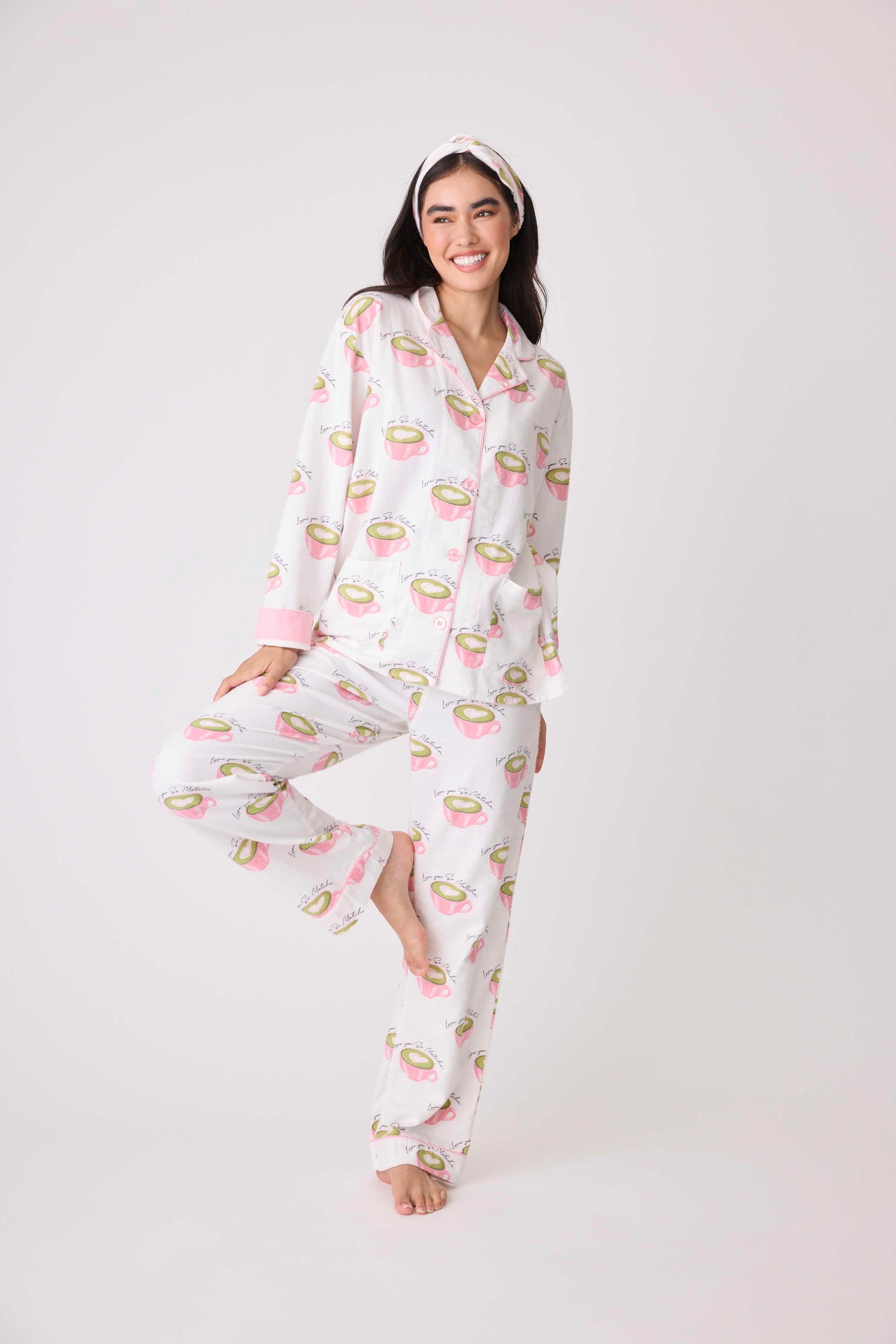 Love 'U' So Matcha Cozy Flannel PJ Set - White Linen