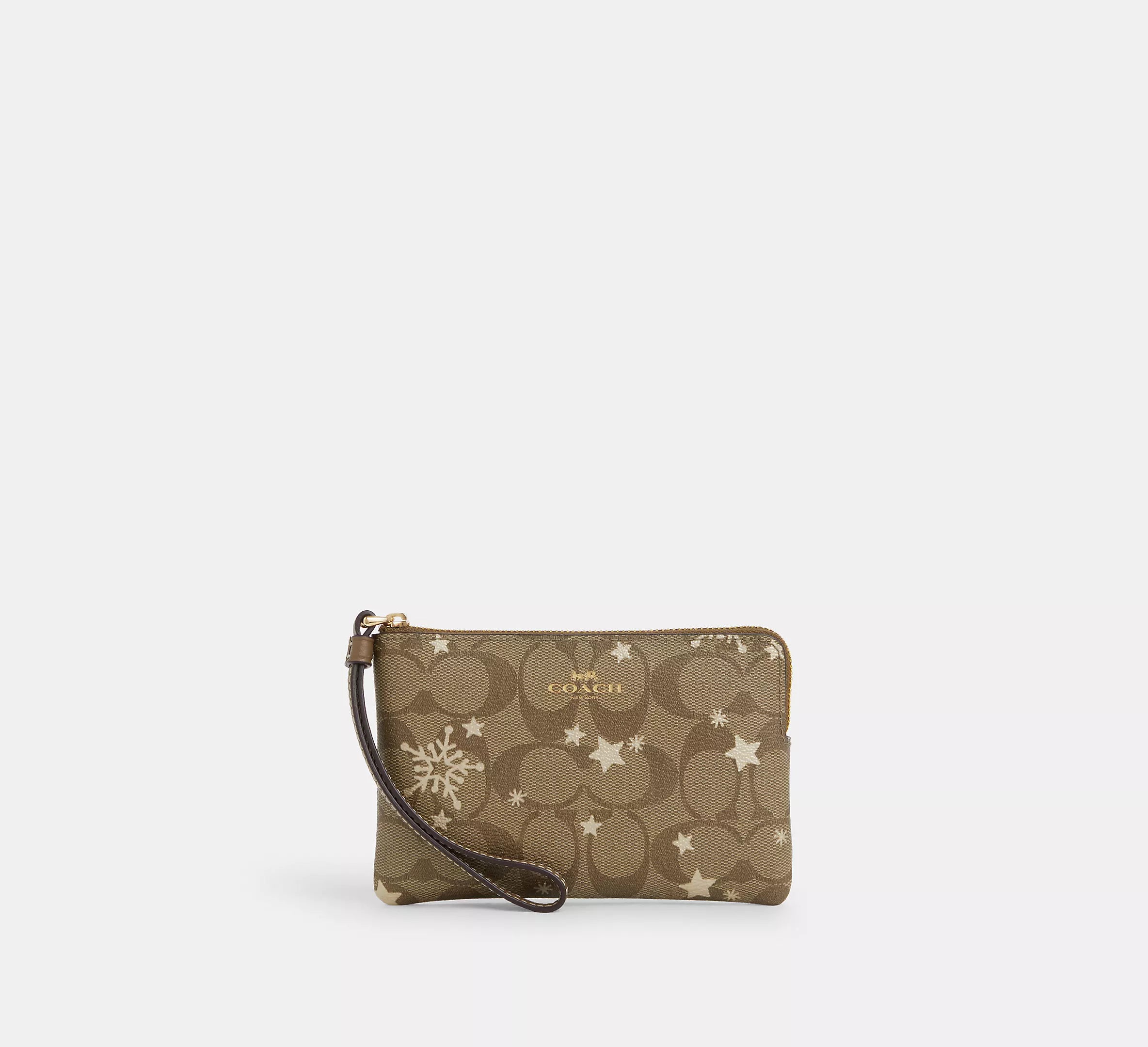 Corner Zip Wristlet In Signature Canvas With Star And Snowflake Print