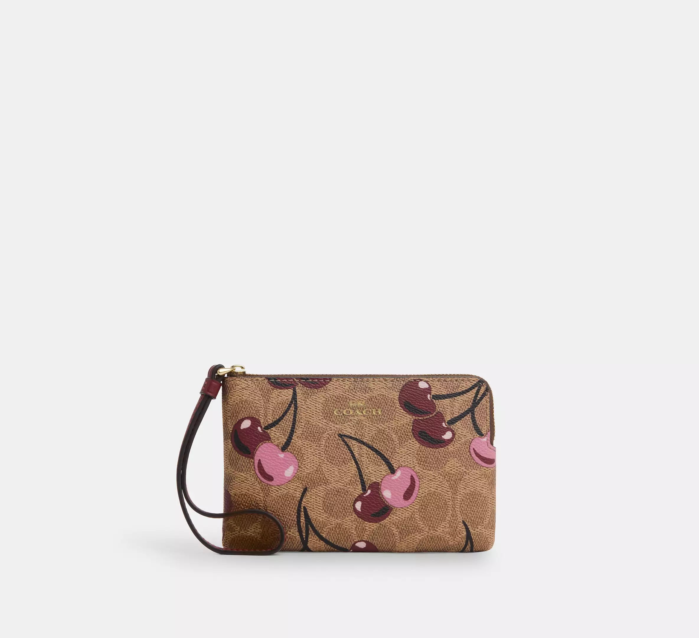 Corner Zip Wristlet In Signature Canvas With Cherry Print